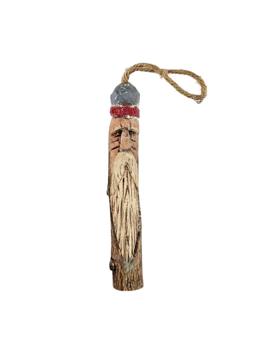 Hand Carved Stick Wooden Santa Ornament Rustic Holiday Decor With Jute Loop